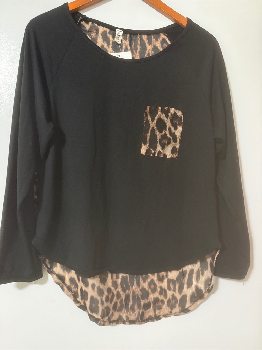 Fushi Black Tunic with Leopard Print Pocket and Hem
